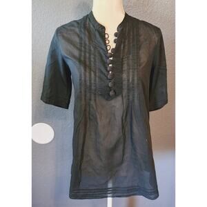 Banana Republic Black semi transparent short sleeve pom pom buttons Blouse Small